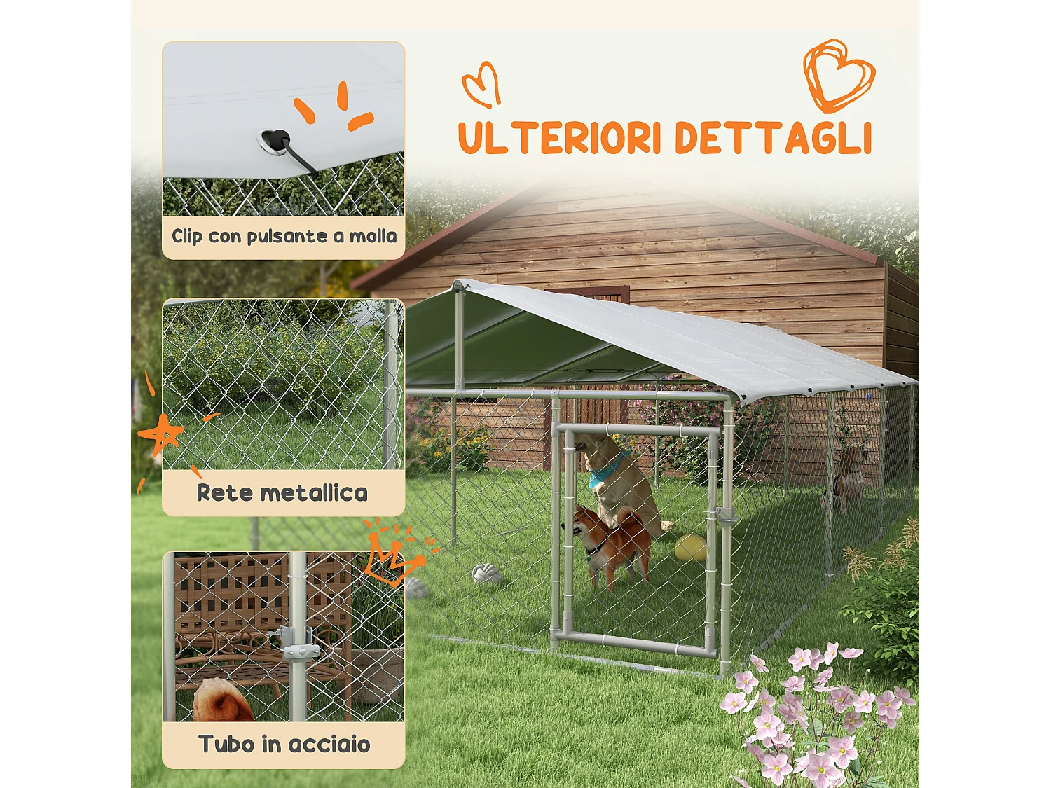 Recinto cani grandi fino 30kg per esterno con tetto anti-uv 4x2.3x1.5m