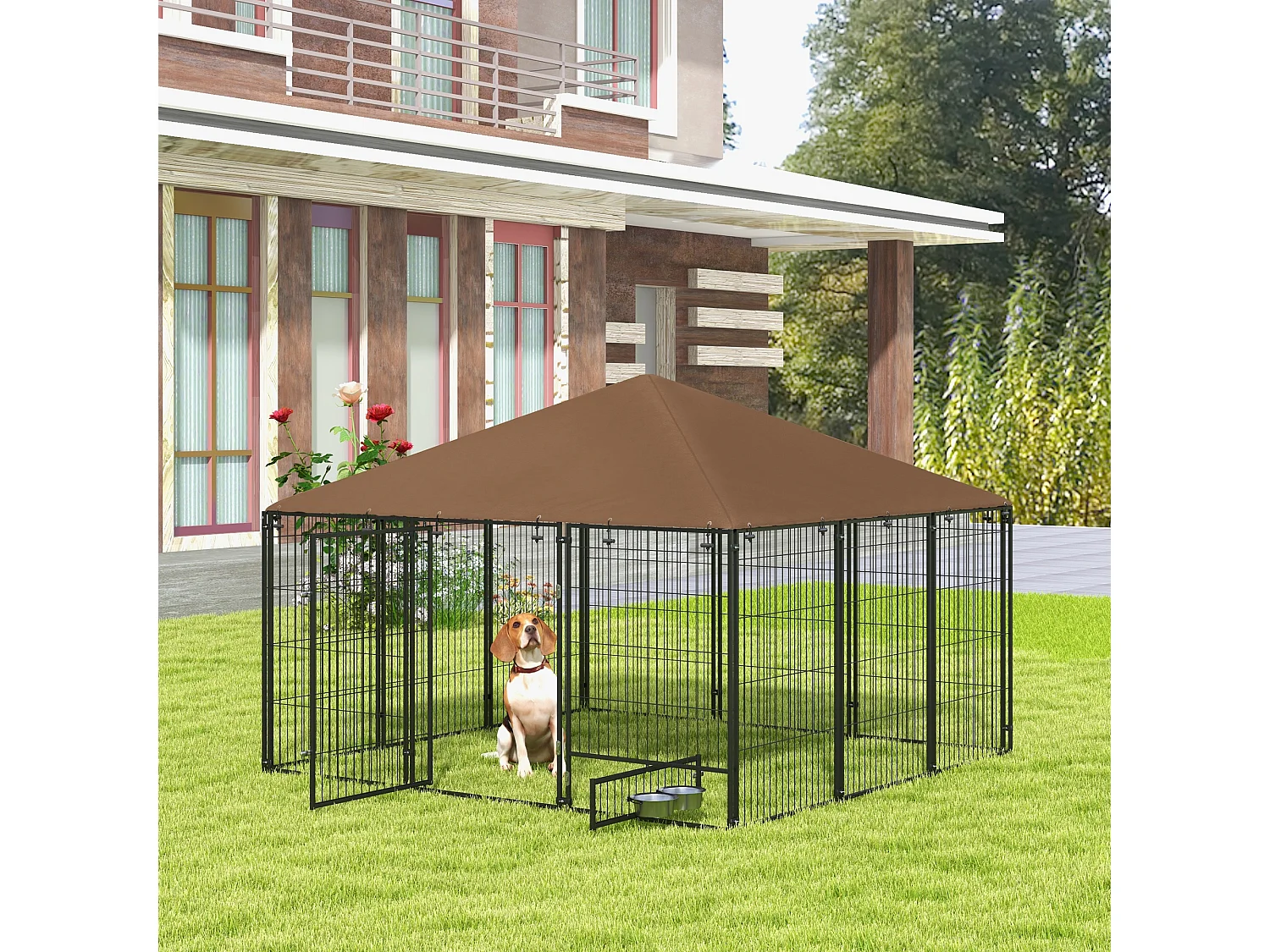Recinto per cani in metallo con porticina per ciotole nero e marrone