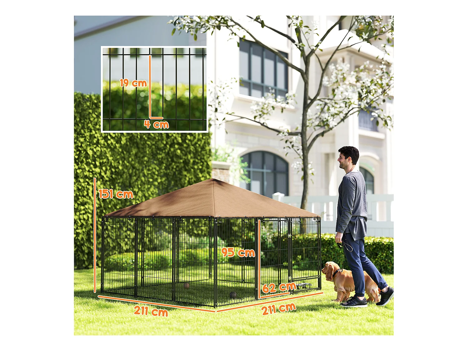 Recinto per cani in metallo con porticina per ciotole nero e marrone