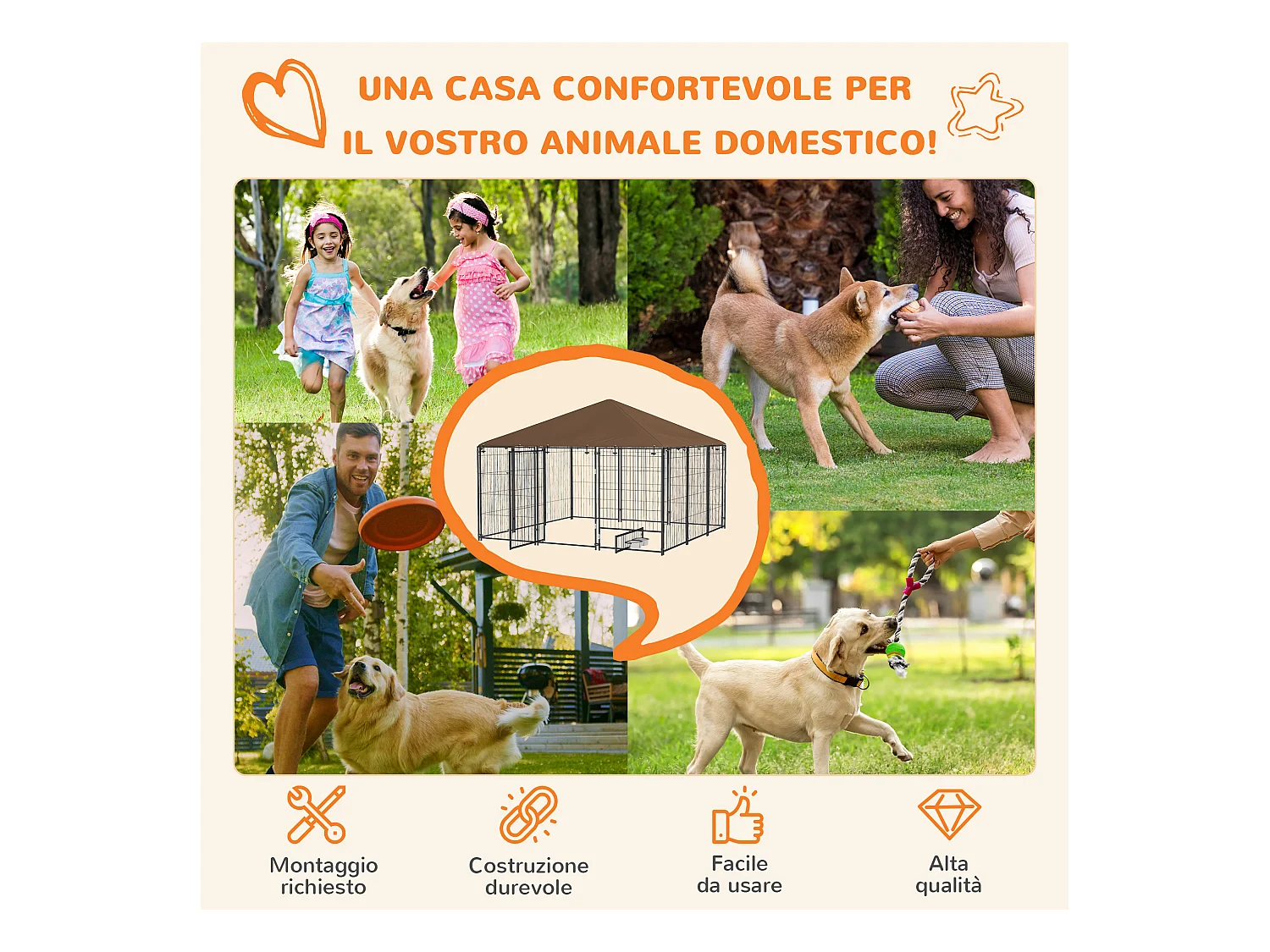 Recinto per cani in metallo con porticina per ciotole nero e marrone