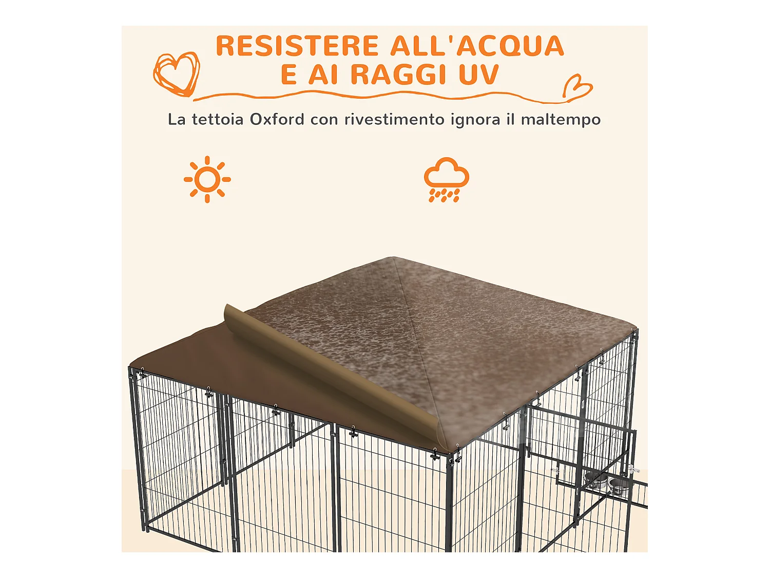 Recinto per cani in metallo con porticina per ciotole nero e marrone