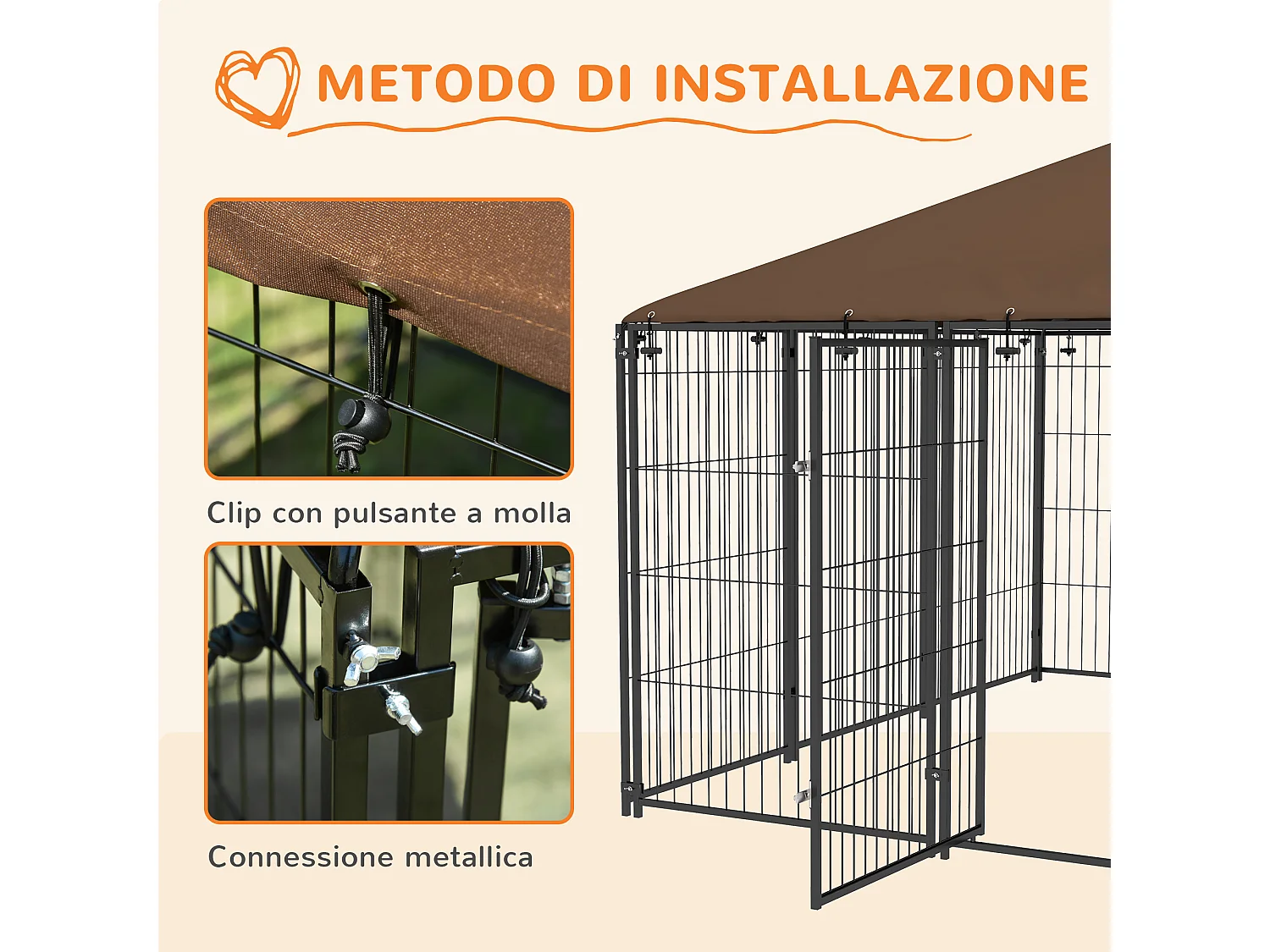 Recinto per cani in metallo con porticina per ciotole nero e marrone