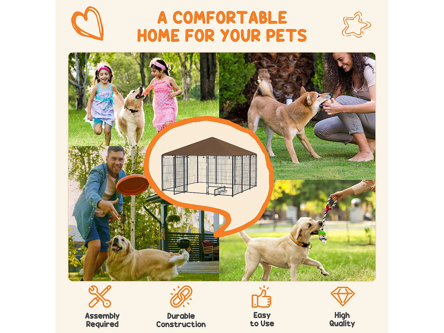 Recinto per cani in metallo con porticina per ciotole nero e marrone