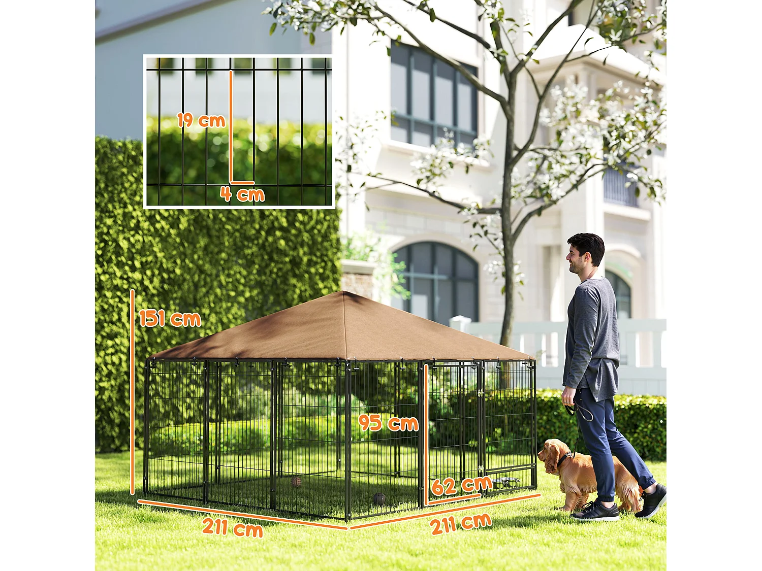 Recinto per cani in metallo con porticina per ciotole nero e marrone