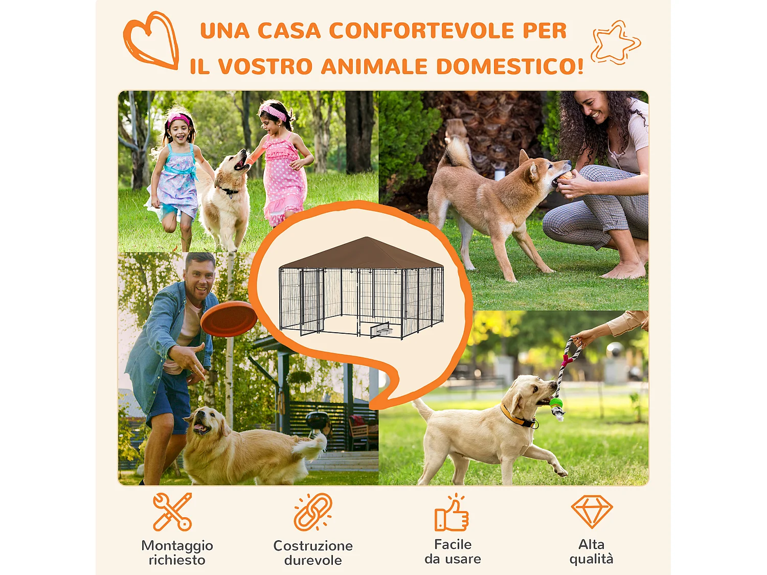 Recinto per cani in metallo con porticina per ciotole nero e marrone