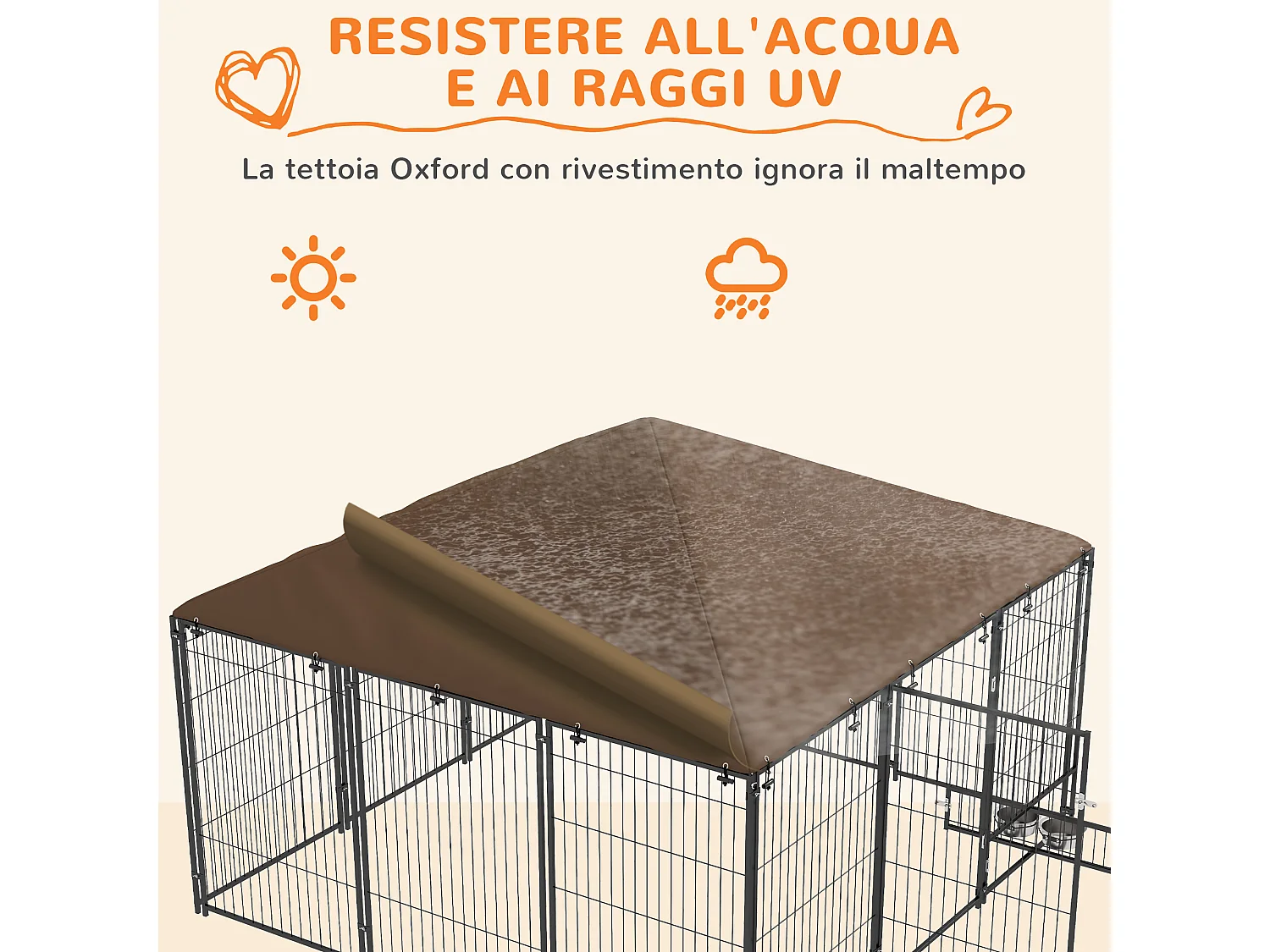 Recinto per cani in metallo con porticina per ciotole nero e marrone