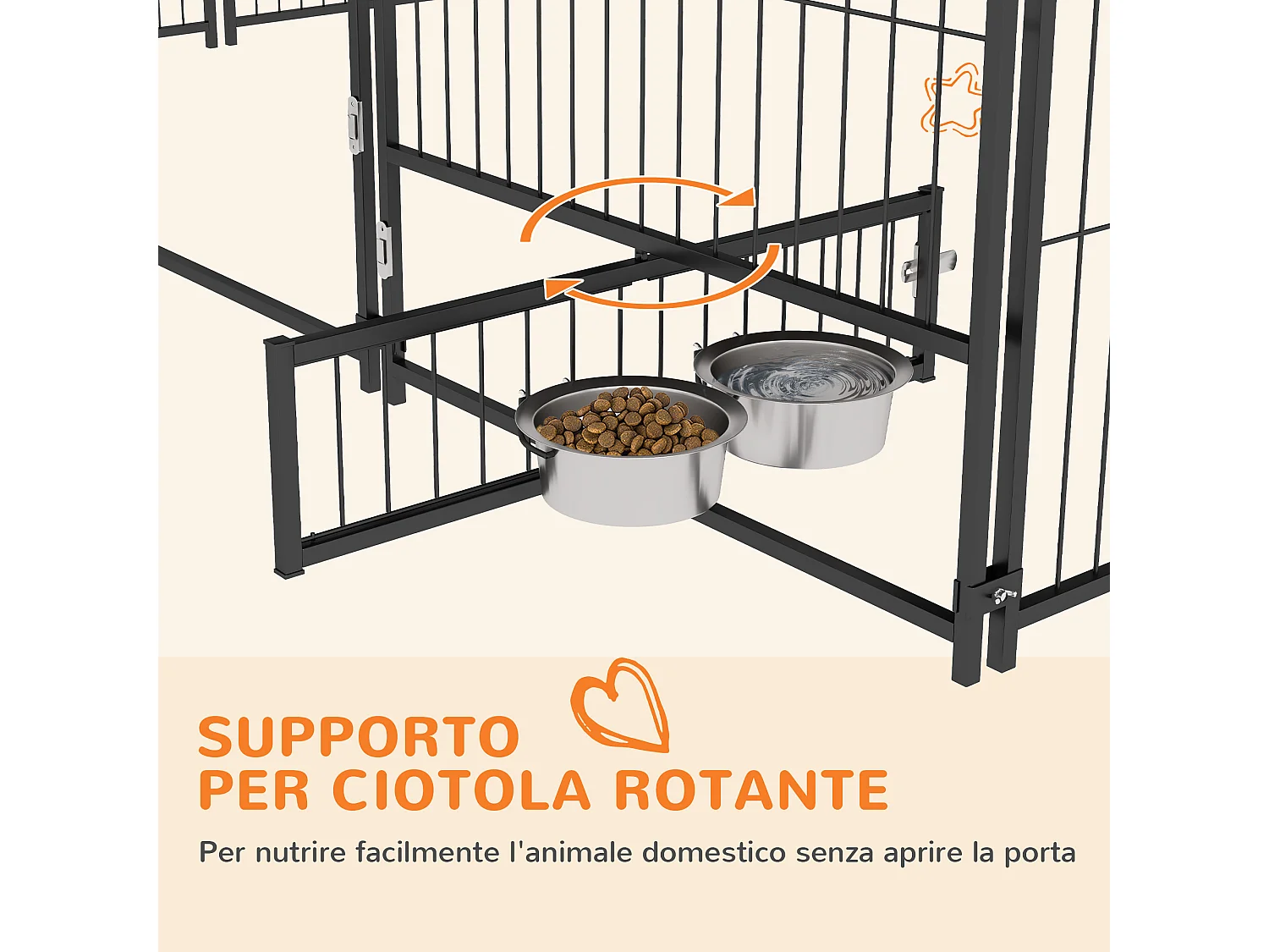 Recinto per cani in metallo con porticina per ciotole nero e marrone