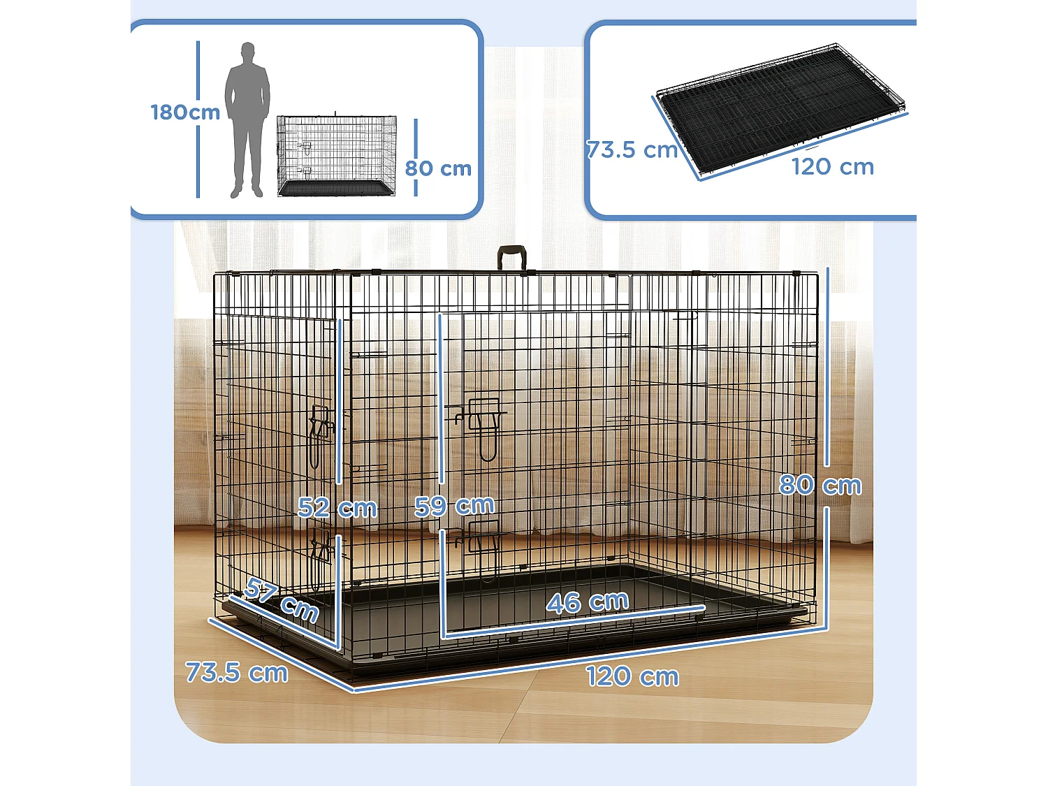 Gabbia per cani e gatti kennel pieghevole con 2 porte e maniglia nero