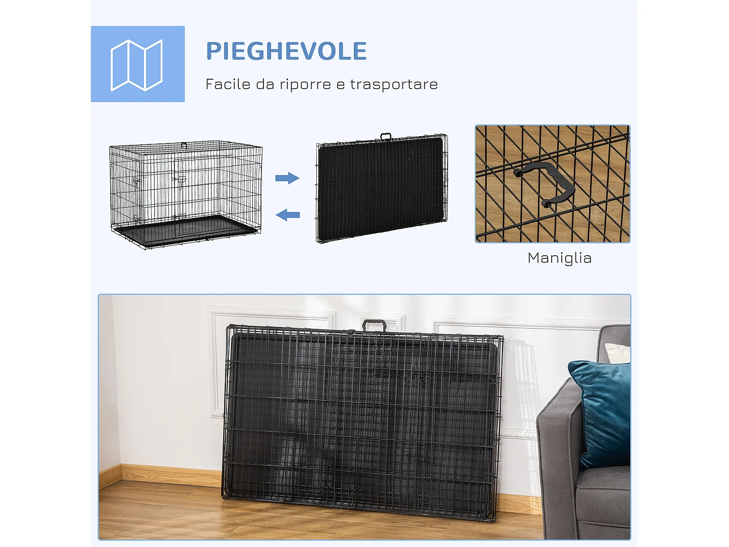 Gabbia per cani e gatti kennel pieghevole con 2 porte e maniglia nero