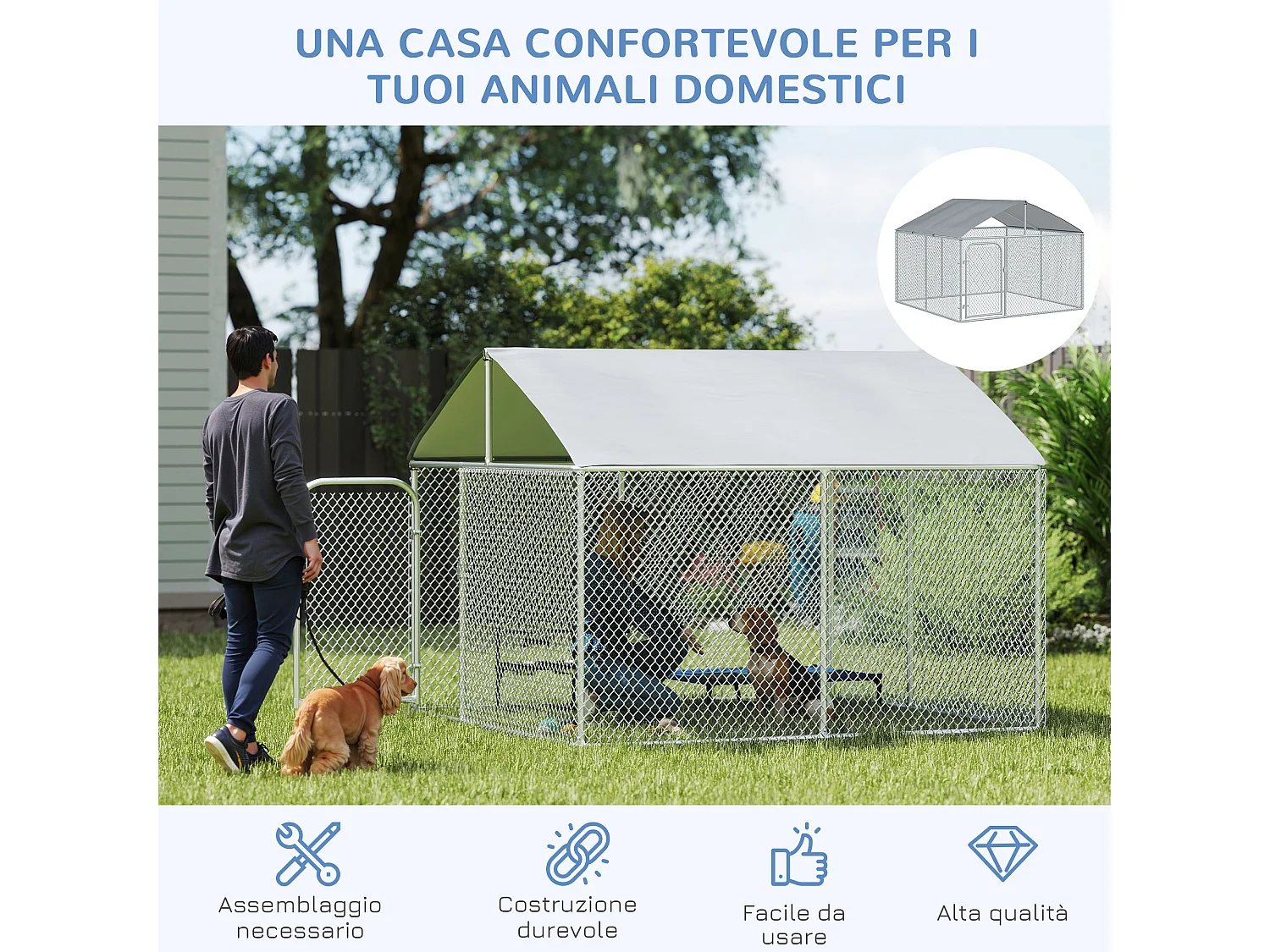 Recinto per cani da esterno in metallo con copertura impermeabile