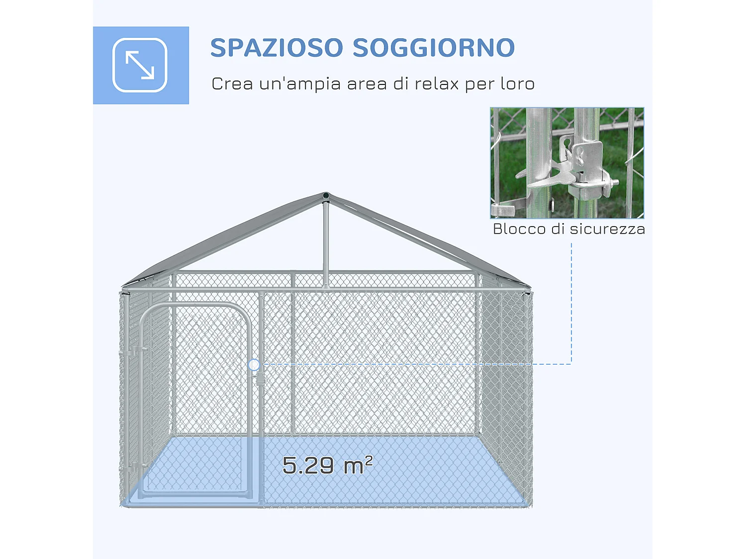 Recinto per cani da esterno in metallo con copertura impermeabile