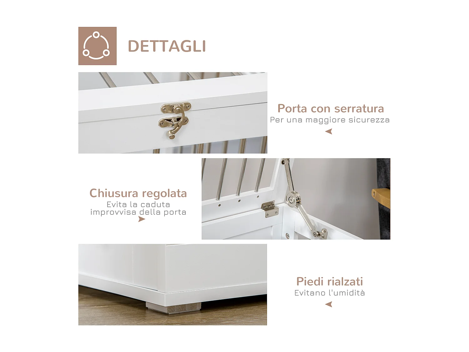 Casetta per cani taglia media con 2 porte bloccabili acciaio e mdf bianco