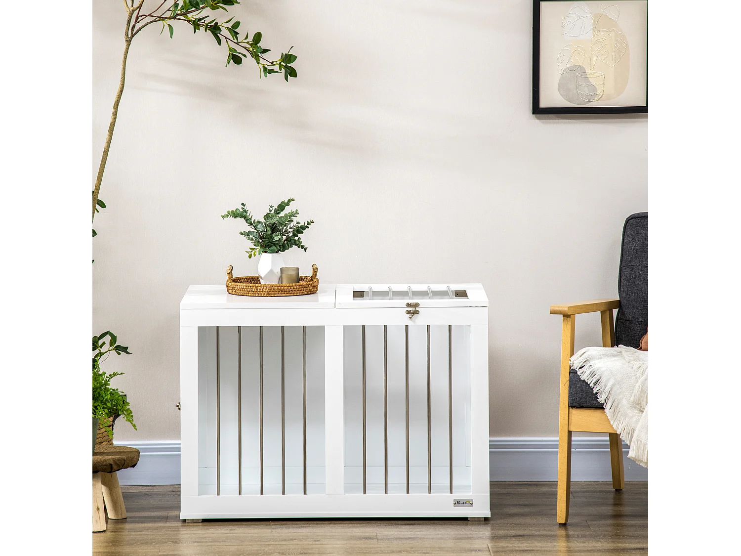 Casetta per cani taglia media con 2 porte bloccabili acciaio e mdf bianco