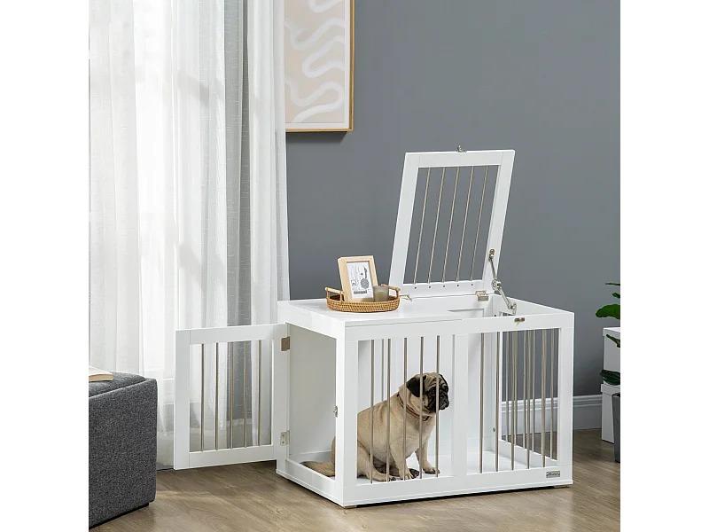 Casetta per cani taglia media con 2 porte bloccabili acciaio e mdf bianco