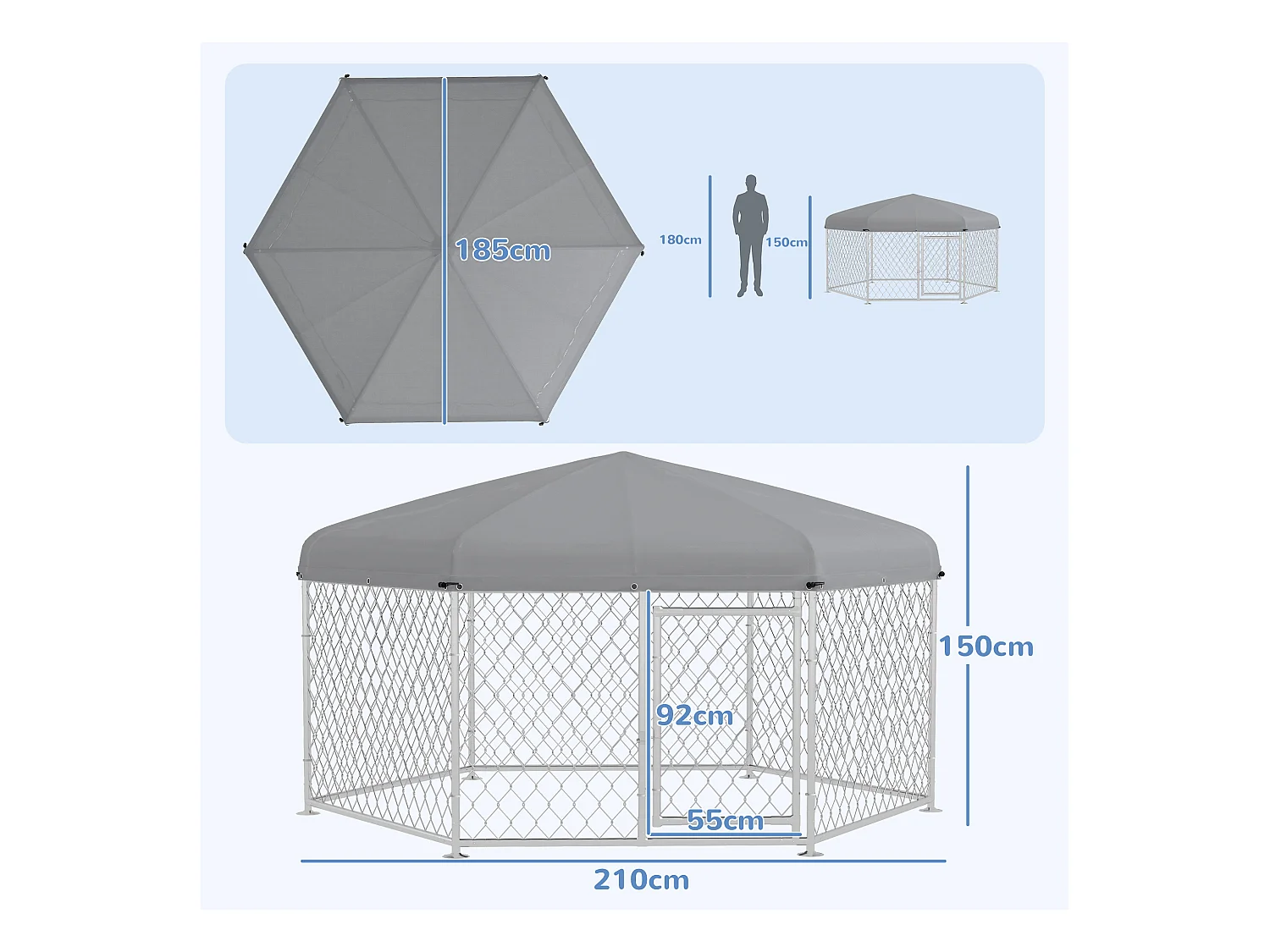 Recinto per cani taglia grande tetto tessuto oxford 2.1x1.85x1.5m argento