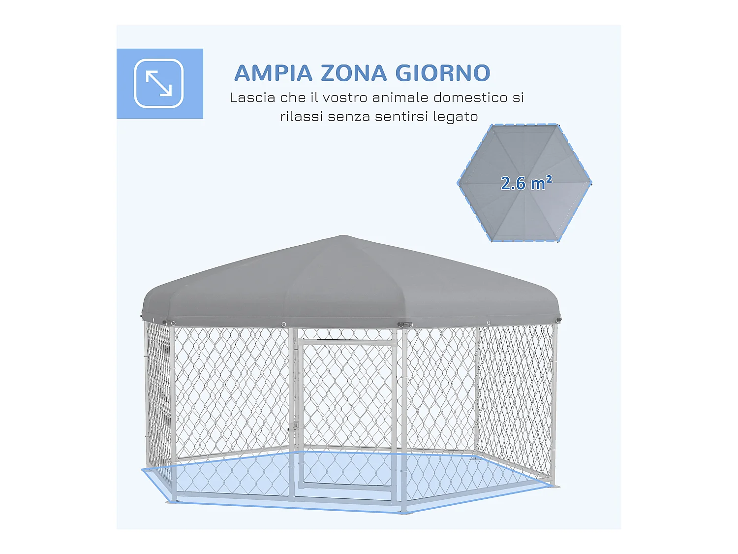 Recinto per cani taglia grande tetto tessuto oxford 2.1x1.85x1.5m argento