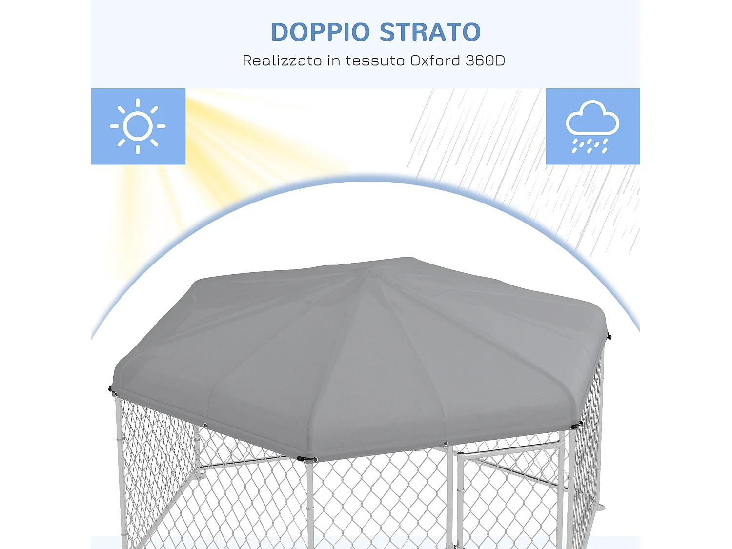 Recinto per cani taglia grande tetto tessuto oxford 2.1x1.85x1.5m argento