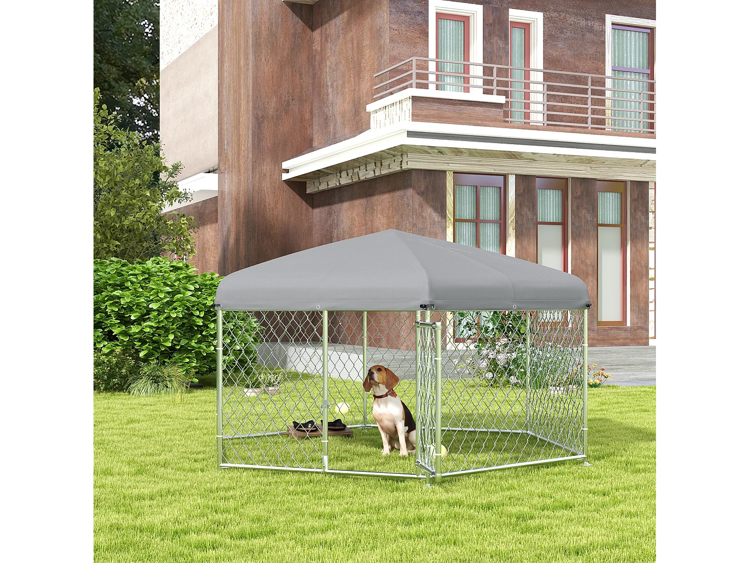 Recinto per cani taglia grande tetto tessuto oxford 2.1x1.85x1.5m argento