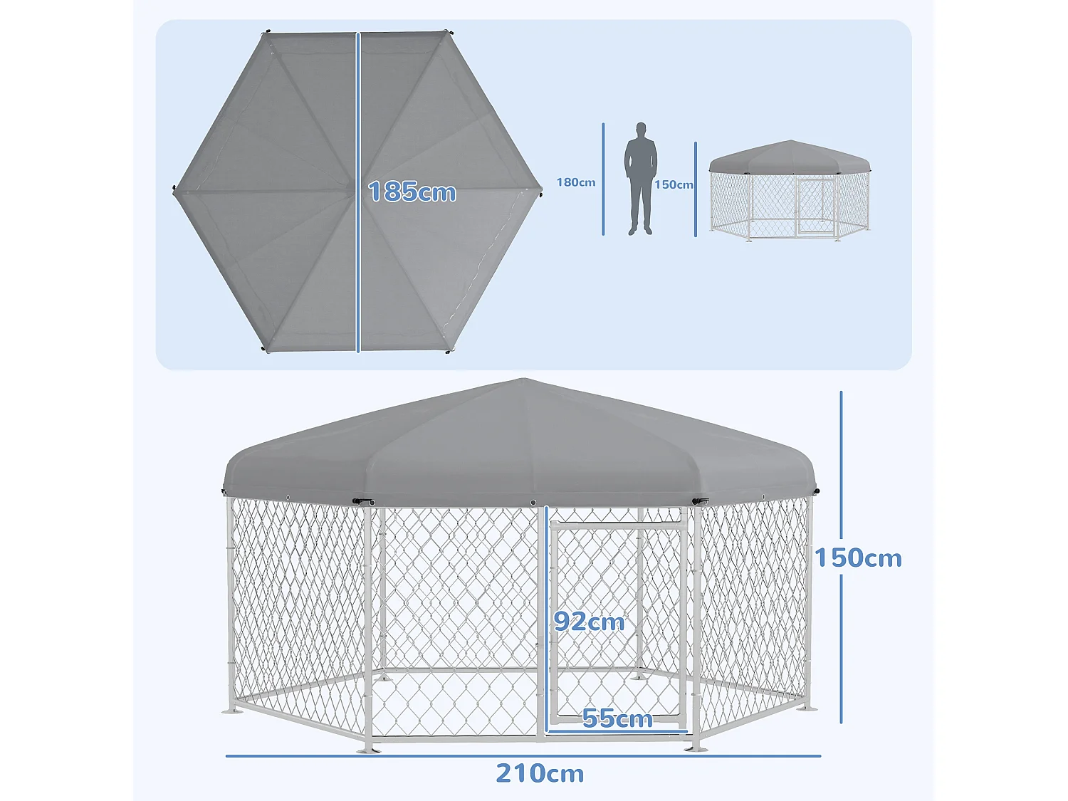 Recinto per cani taglia grande tetto tessuto oxford 2.1x1.85x1.5m argento