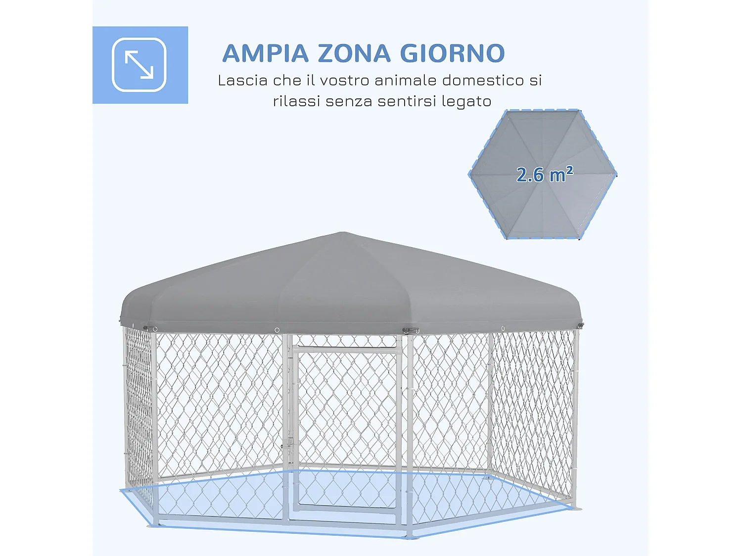 Recinto per cani taglia grande tetto tessuto oxford 2.1x1.85x1.5m argento