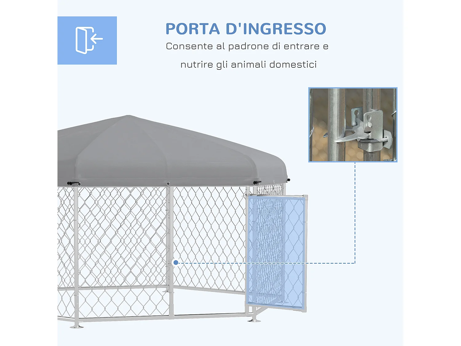 Recinto per cani taglia grande tetto tessuto oxford 2.1x1.85x1.5m argento