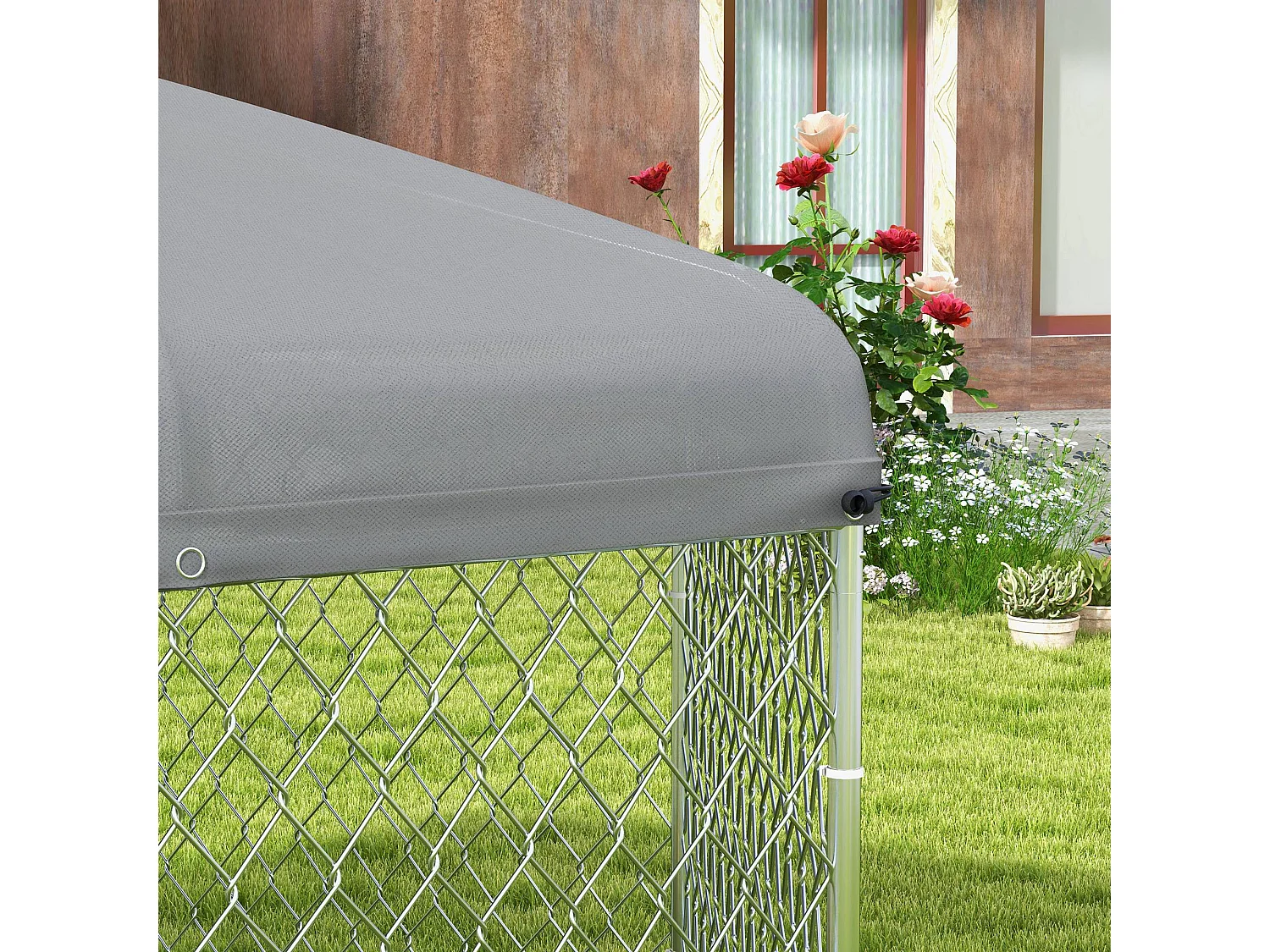 Recinto per cani taglia grande tetto tessuto oxford 2.1x1.85x1.5m argento