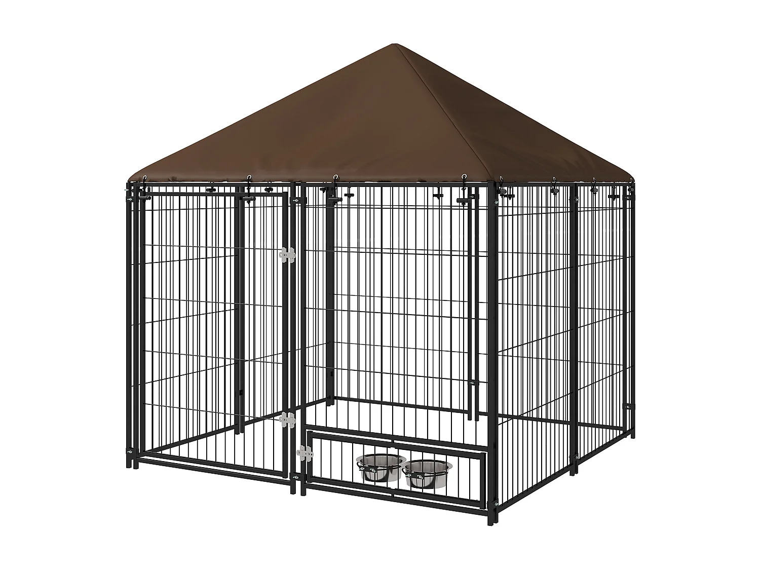 Recinto per cani in metallo con ingresso per ciotole nero e marrone