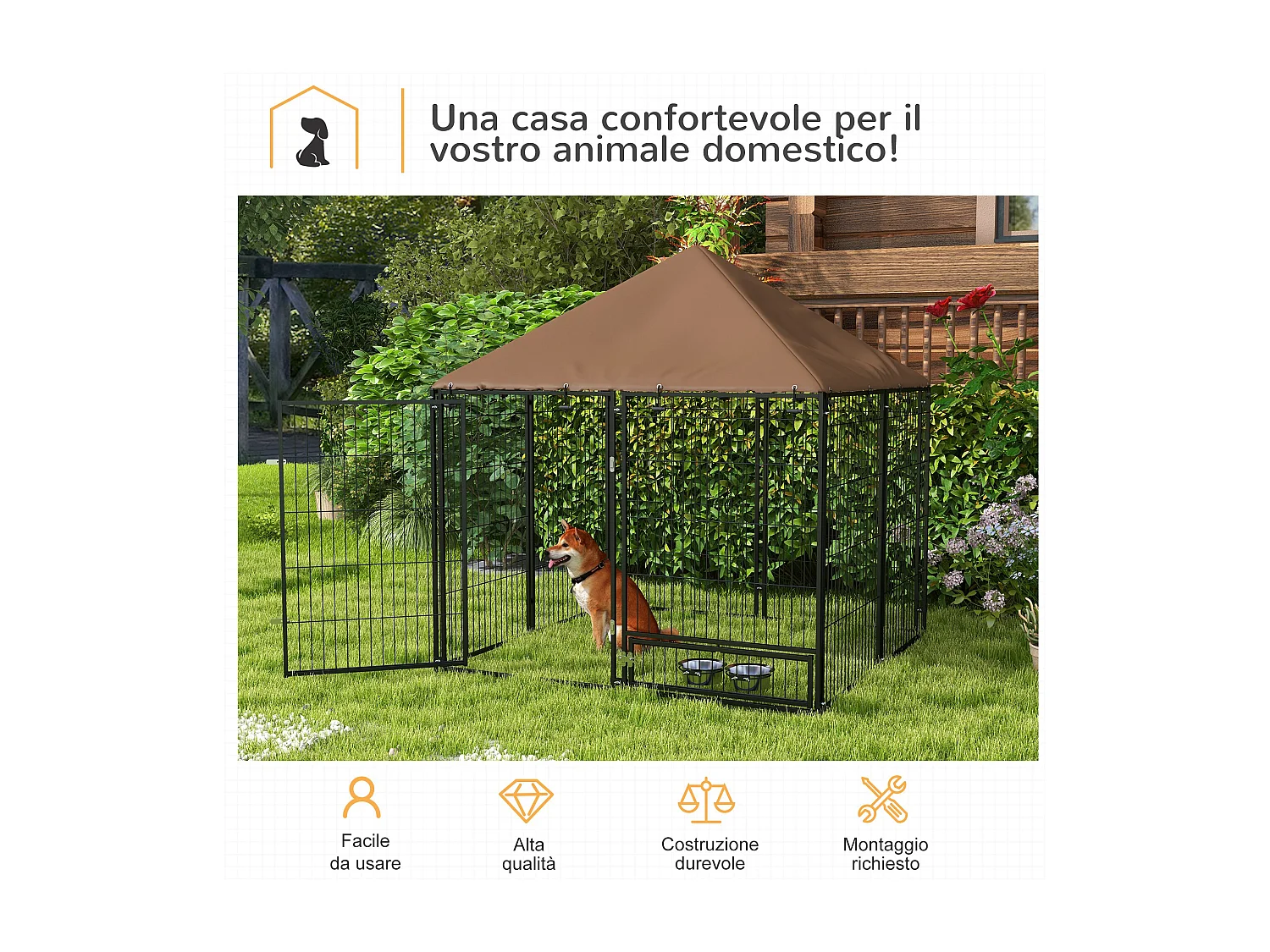 Recinto per cani in metallo con ingresso per ciotole nero e marrone