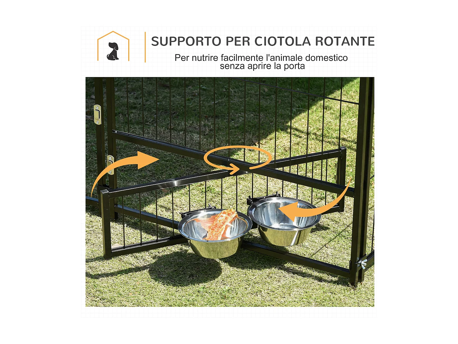 Recinto per cani in metallo con ingresso per ciotole nero e marrone