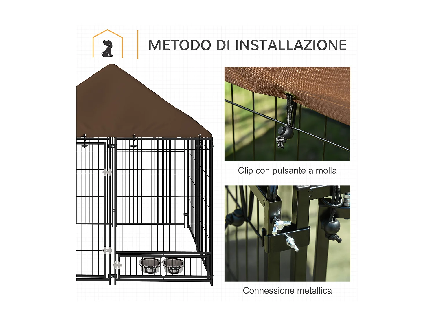 Recinto per cani in metallo con ingresso per ciotole nero e marrone