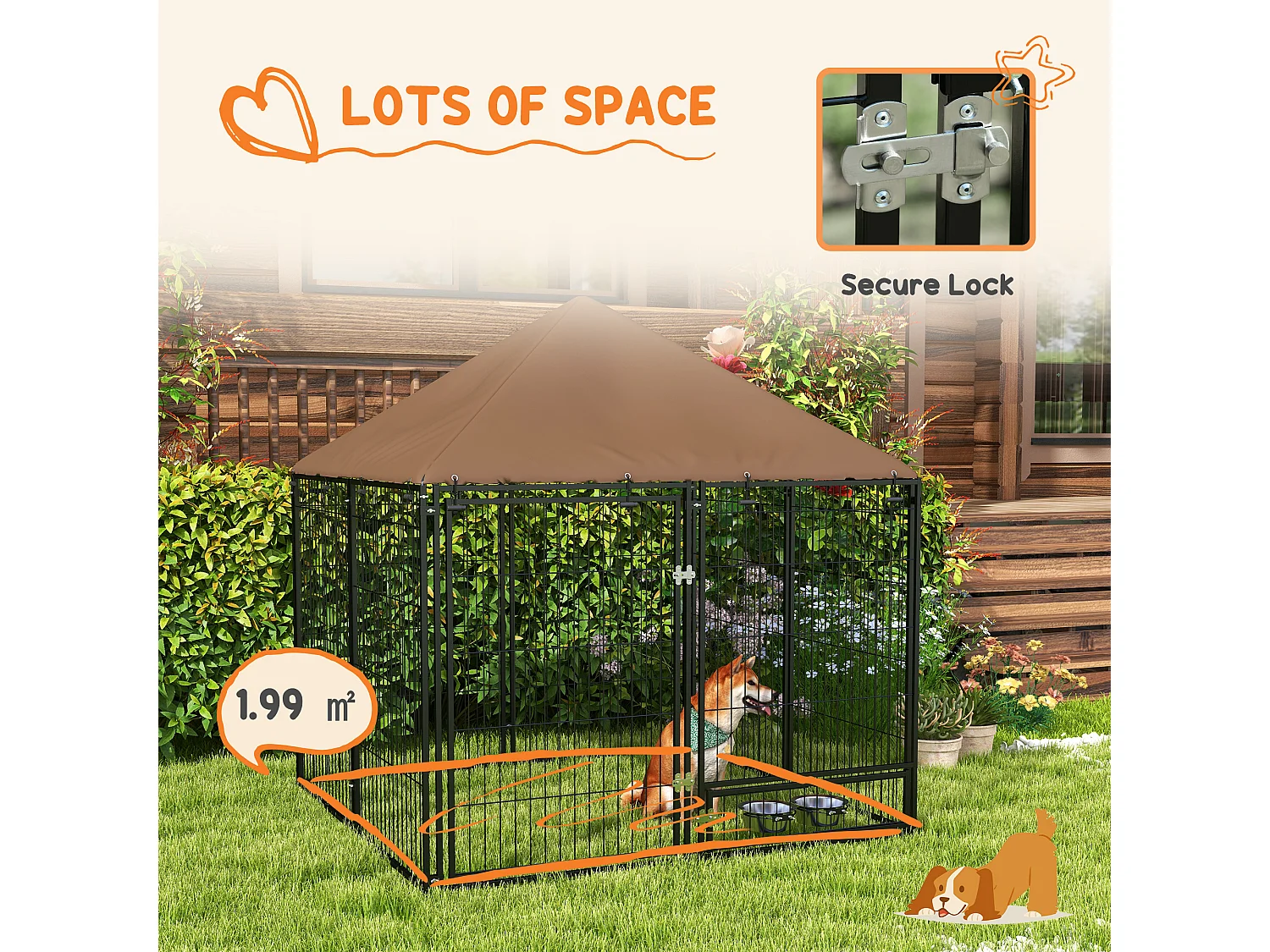 Recinto per cani in metallo con ingresso per ciotole nero e marrone