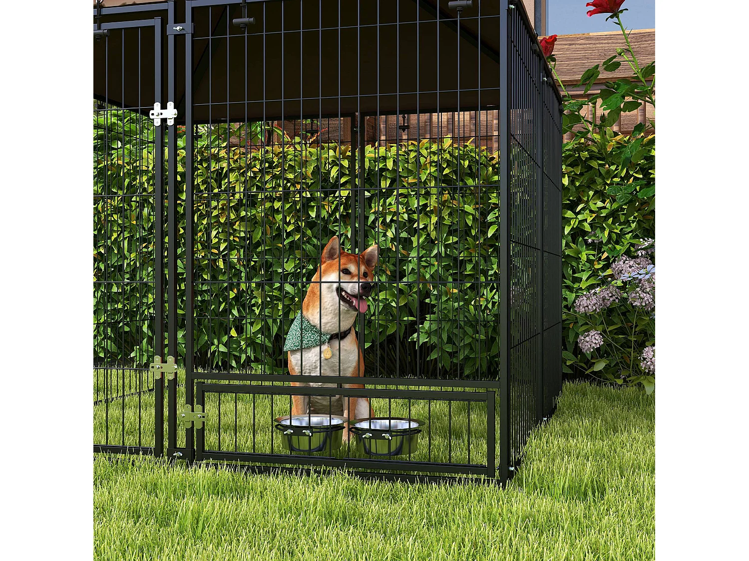 Recinto per cani in metallo con ingresso per ciotole nero e marrone