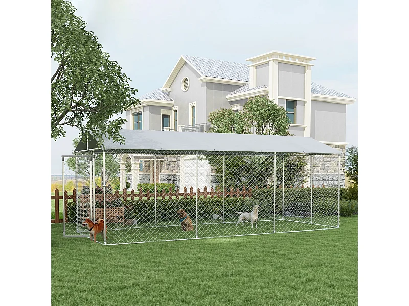 Kennel per cani da esterno con tetto impermeabile in acciaio 6x2.3x2.3m