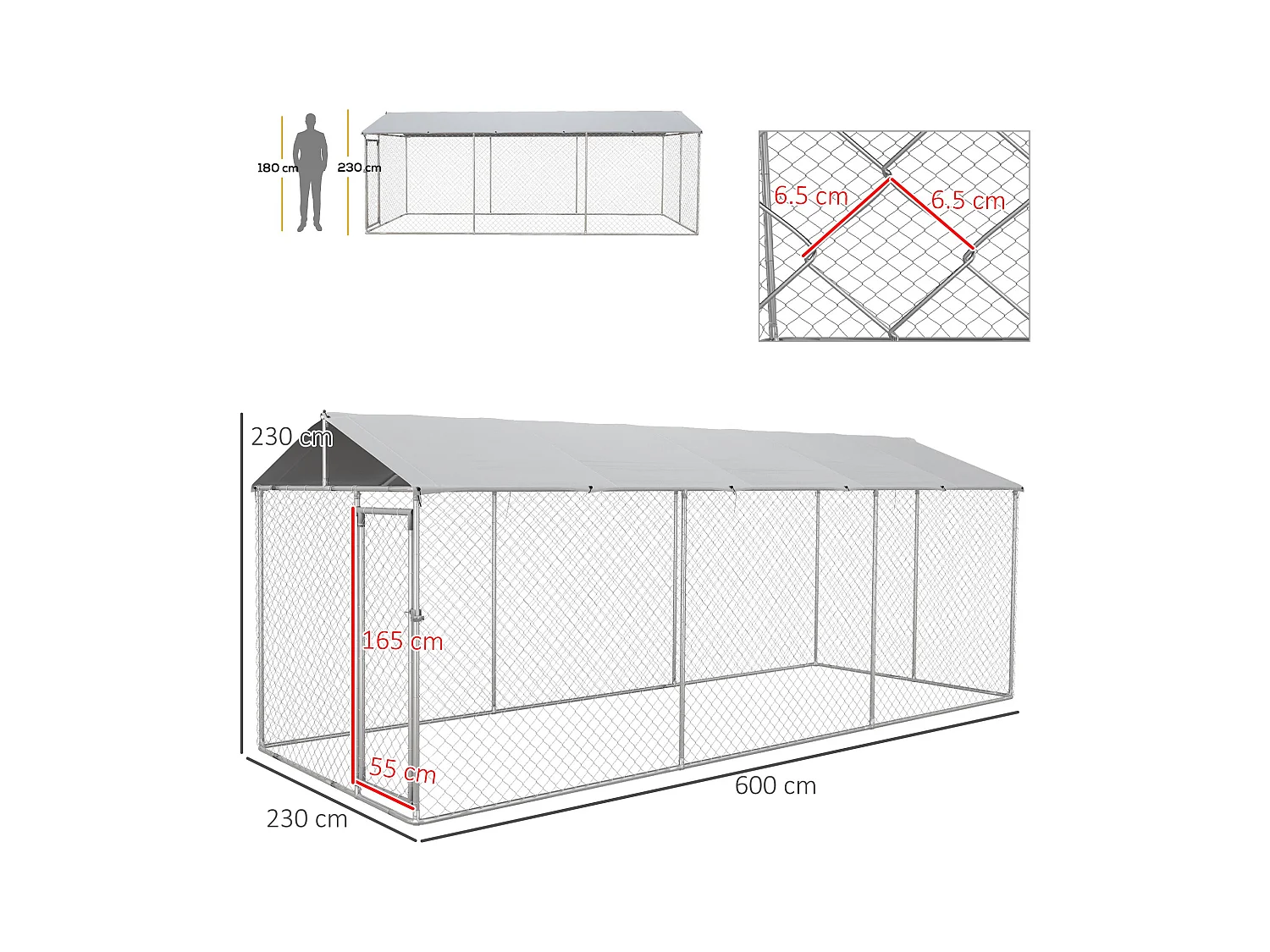 Kennel per cani da esterno con tetto impermeabile in acciaio 6x2.3x2.3m