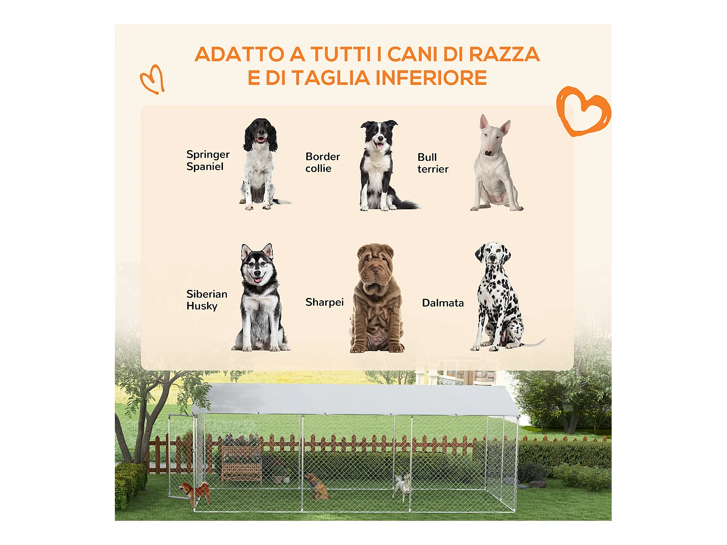 Kennel per cani da esterno con tetto impermeabile in acciaio 6x2.3x2.3m
