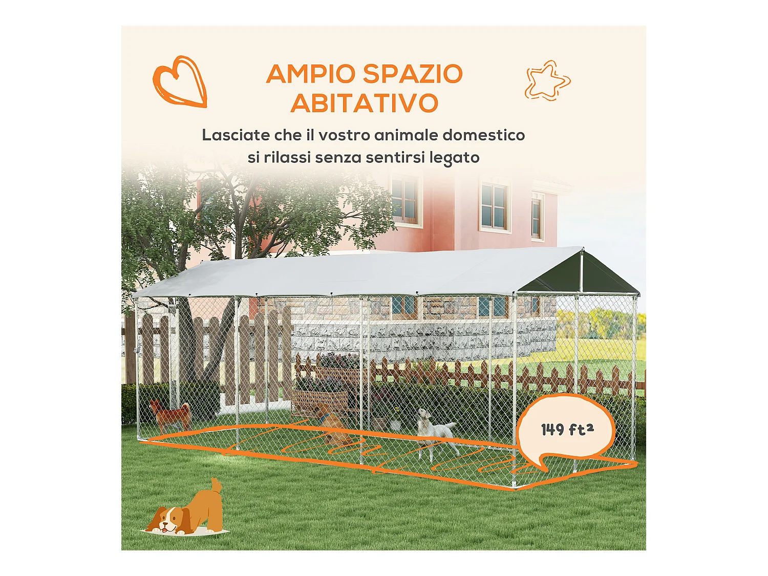 Kennel per cani da esterno con tetto impermeabile in acciaio 6x2.3x2.3m