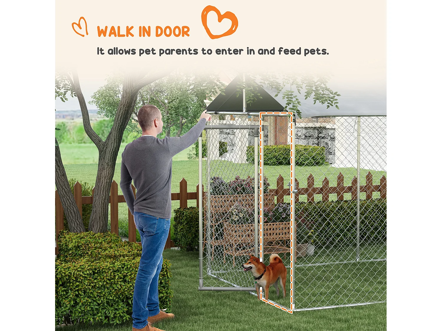 Kennel per cani da esterno con tetto impermeabile in acciaio 6x2.3x2.3m