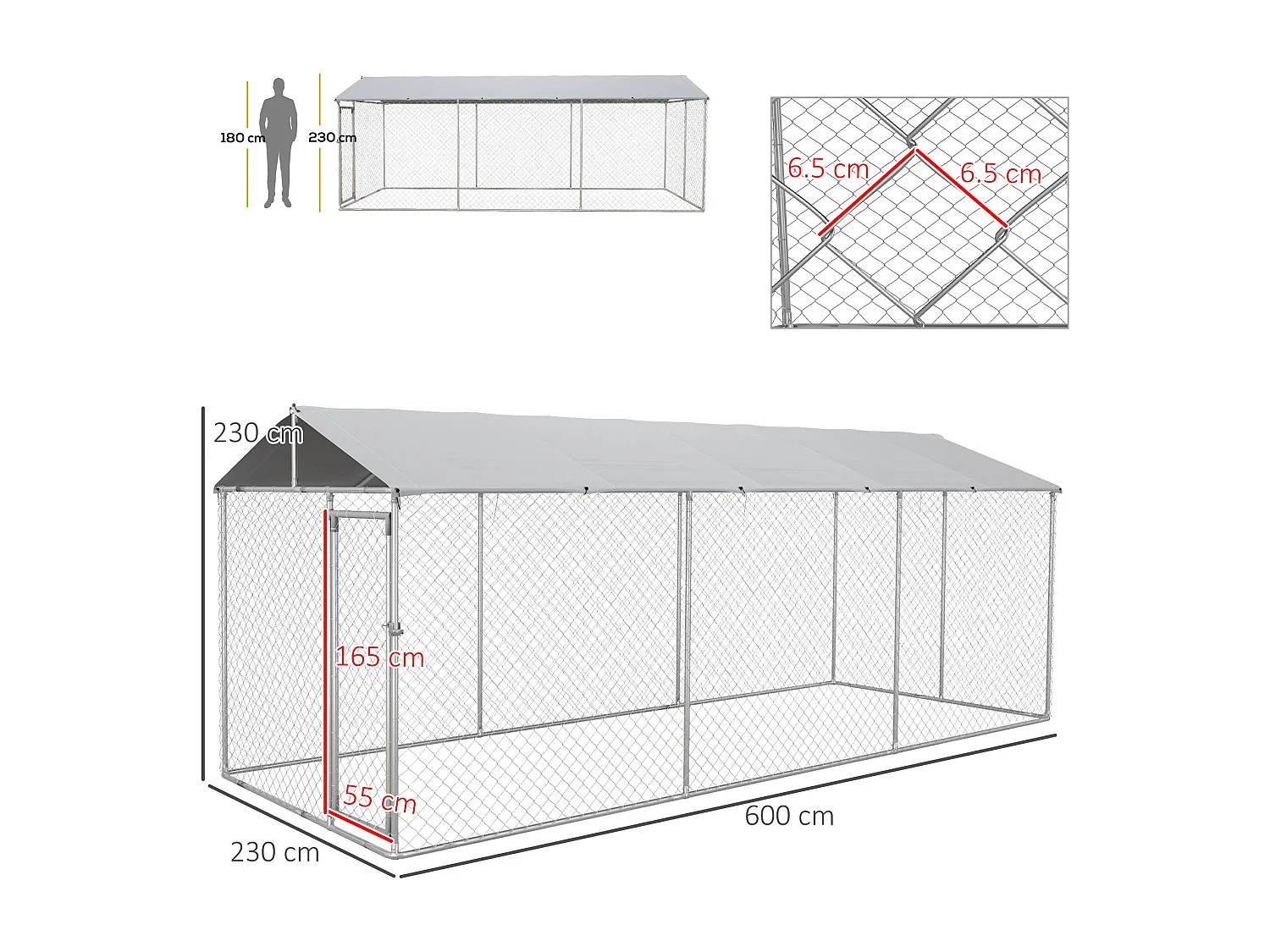 Kennel per cani da esterno con tetto impermeabile in acciaio 6x2.3x2.3m