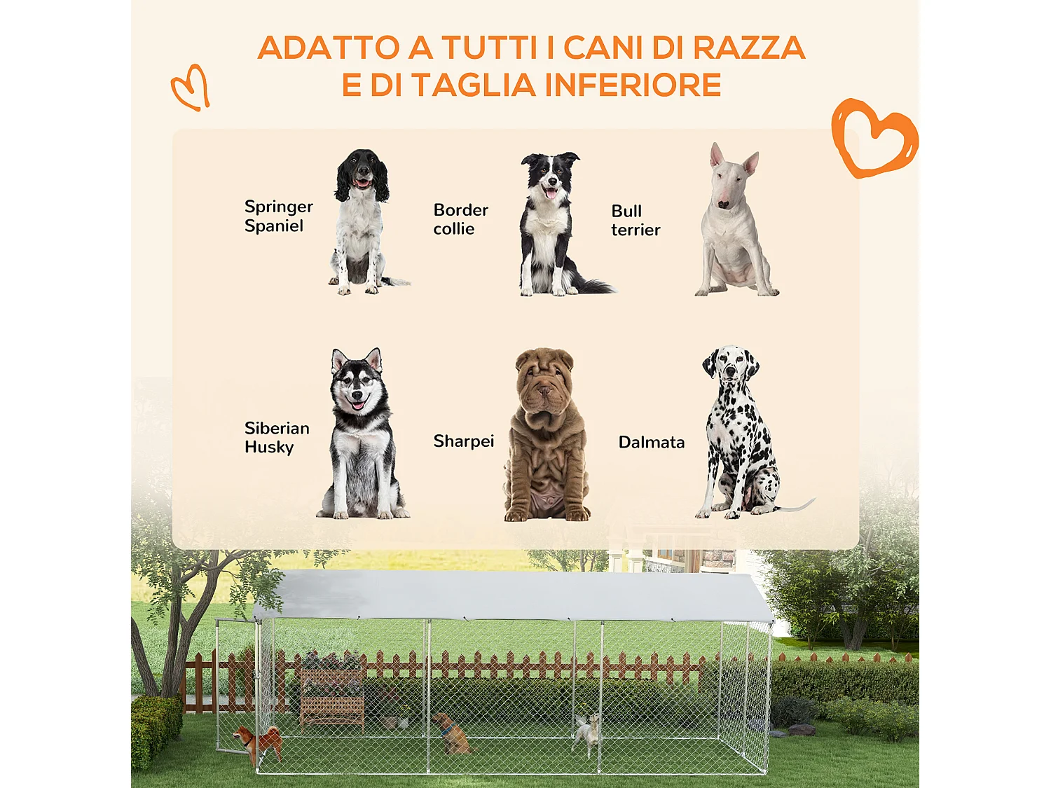 Kennel per cani da esterno con tetto impermeabile in acciaio 6x2.3x2.3m