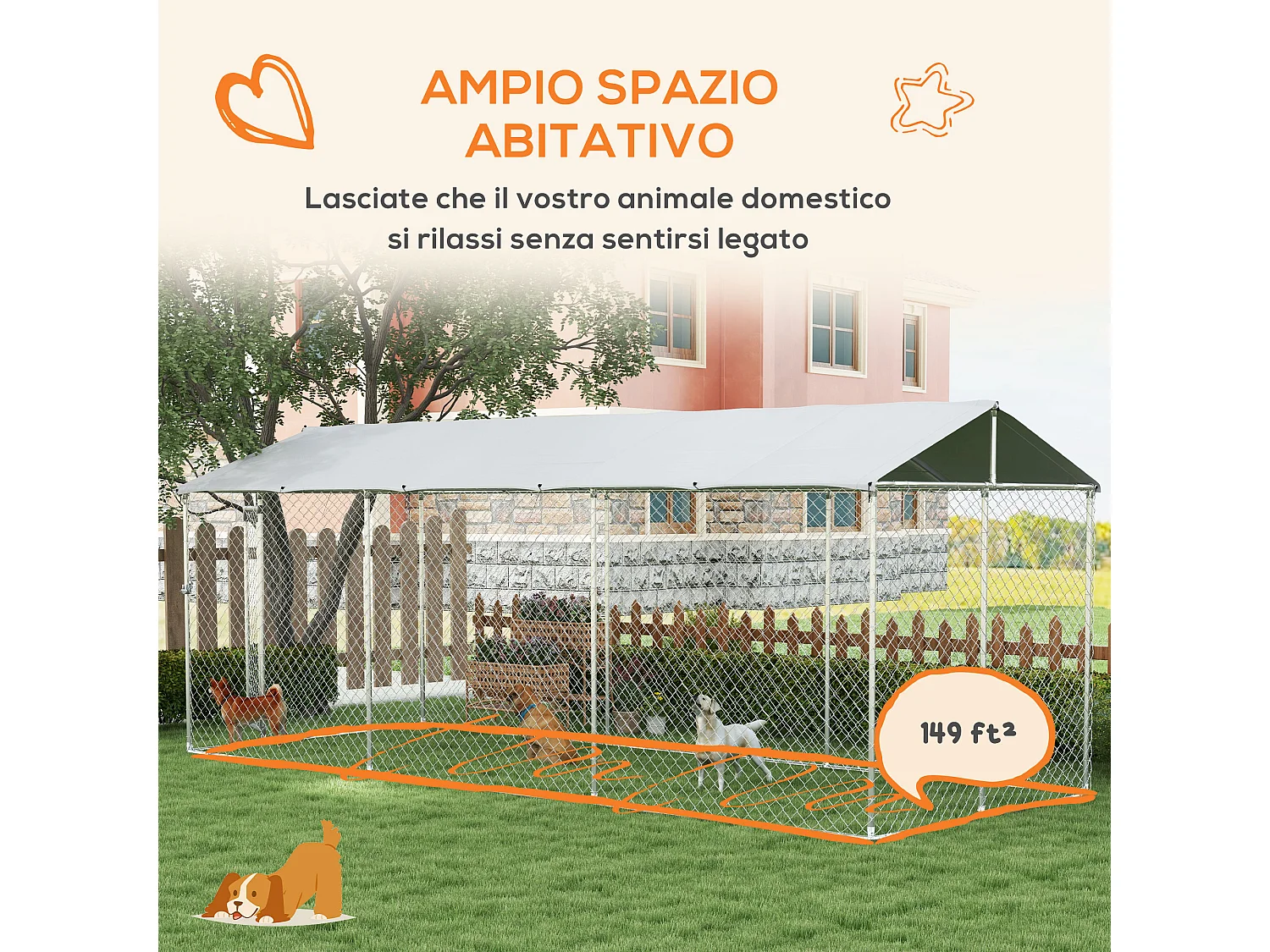 Kennel per cani da esterno con tetto impermeabile in acciaio 6x2.3x2.3m