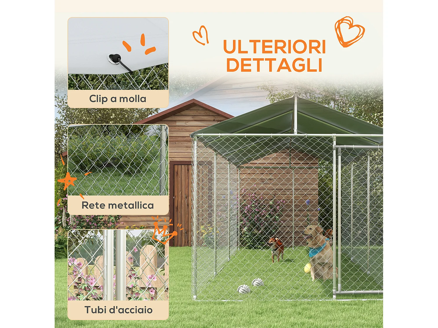 Kennel per cani da esterno con tetto impermeabile in acciaio 6x2.3x2.3m