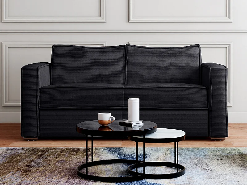 Canapé 4 places convertible express en velours côtelé noir - Couchage à lattes larges 160 cm - Matelas 22 cm avec mémoire de forme LORETO