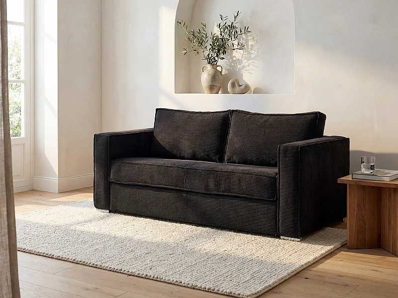 Driezitsslaapbank express in zwart corduroy - Brede lattenbodem 140 cm - Matras 18 cm LORETO