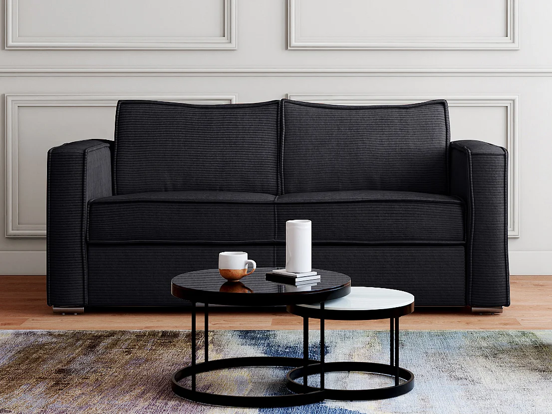 Canapé 3 places convertible express en velours côtelé noir - Couchage à lattes larges 140 cm - Matelas 14 cm LORETO