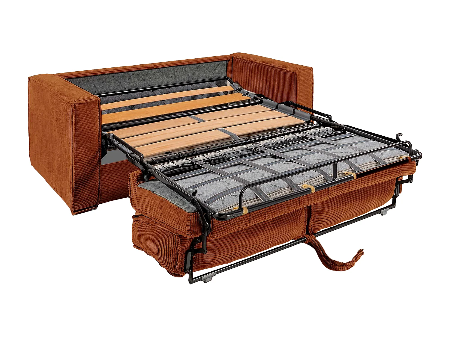 Canapé 3 places convertible express en velours côtelé terracotta - Couchage à lattes larges 140 cm - Matelas 22 cm avec mémoire de forme LORETO