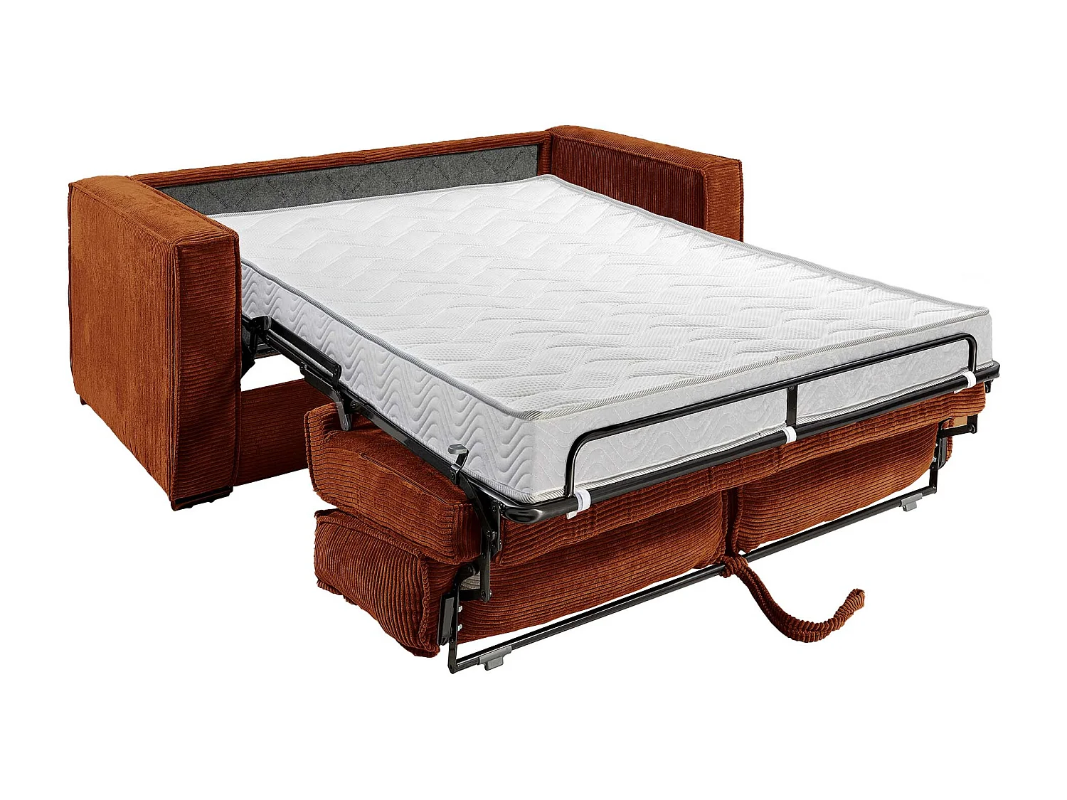 Canapé 3 places convertible express en velours côtelé terracotta - Couchage à lattes larges 140 cm - Matelas 22 cm avec mémoire de forme LORETO