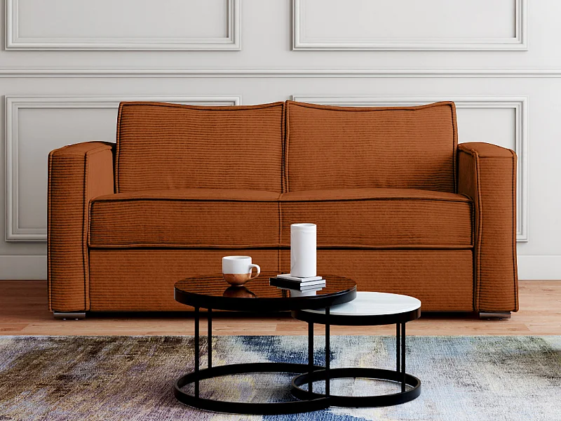 Canapé 3 places convertible express en velours côtelé terracotta - Couchage à lattes larges 140 cm - Matelas 22 cm avec mémoire de forme LORETO