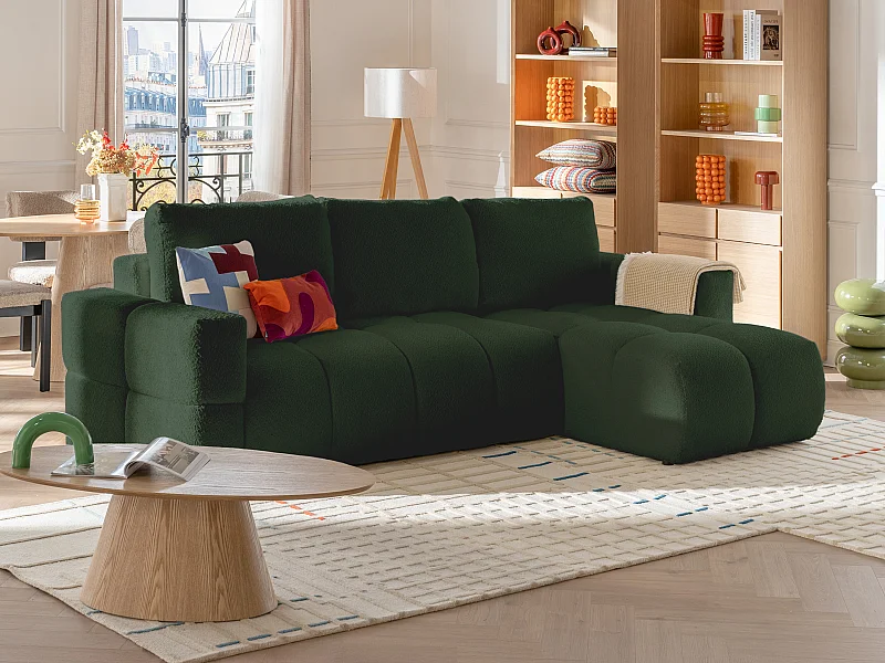 Canapé d'angle réversible convertible en tissu bouclette vert ISSORO