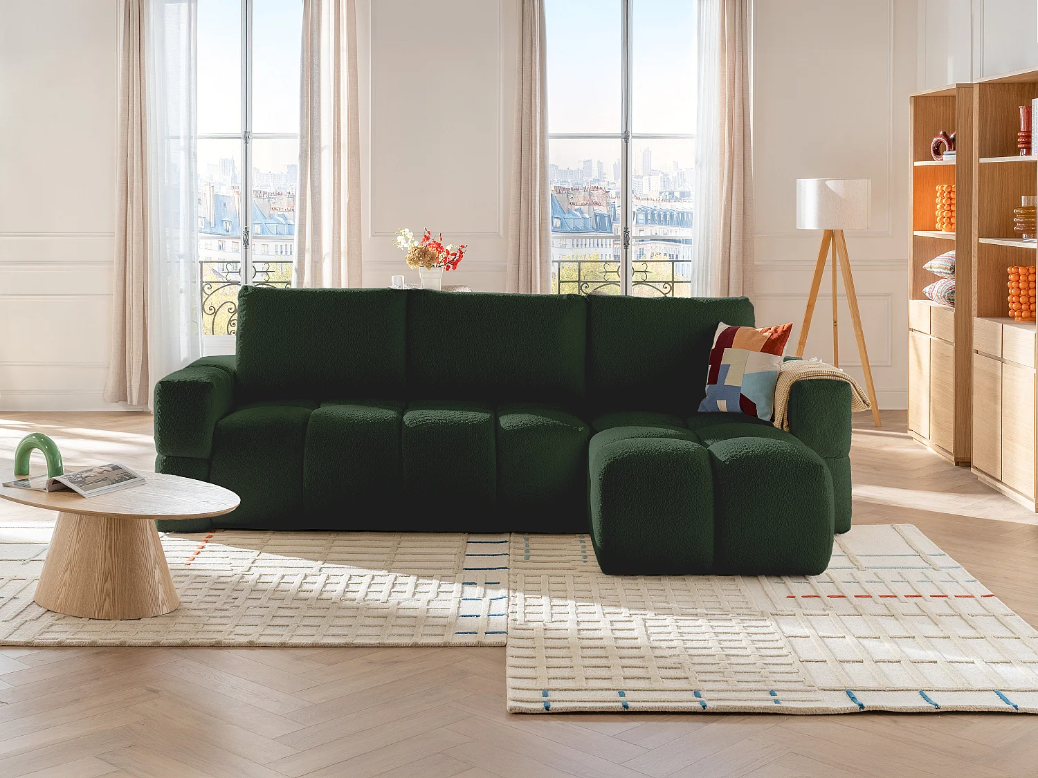 Canapé d'angle réversible convertible en tissu bouclette vert ISSORO