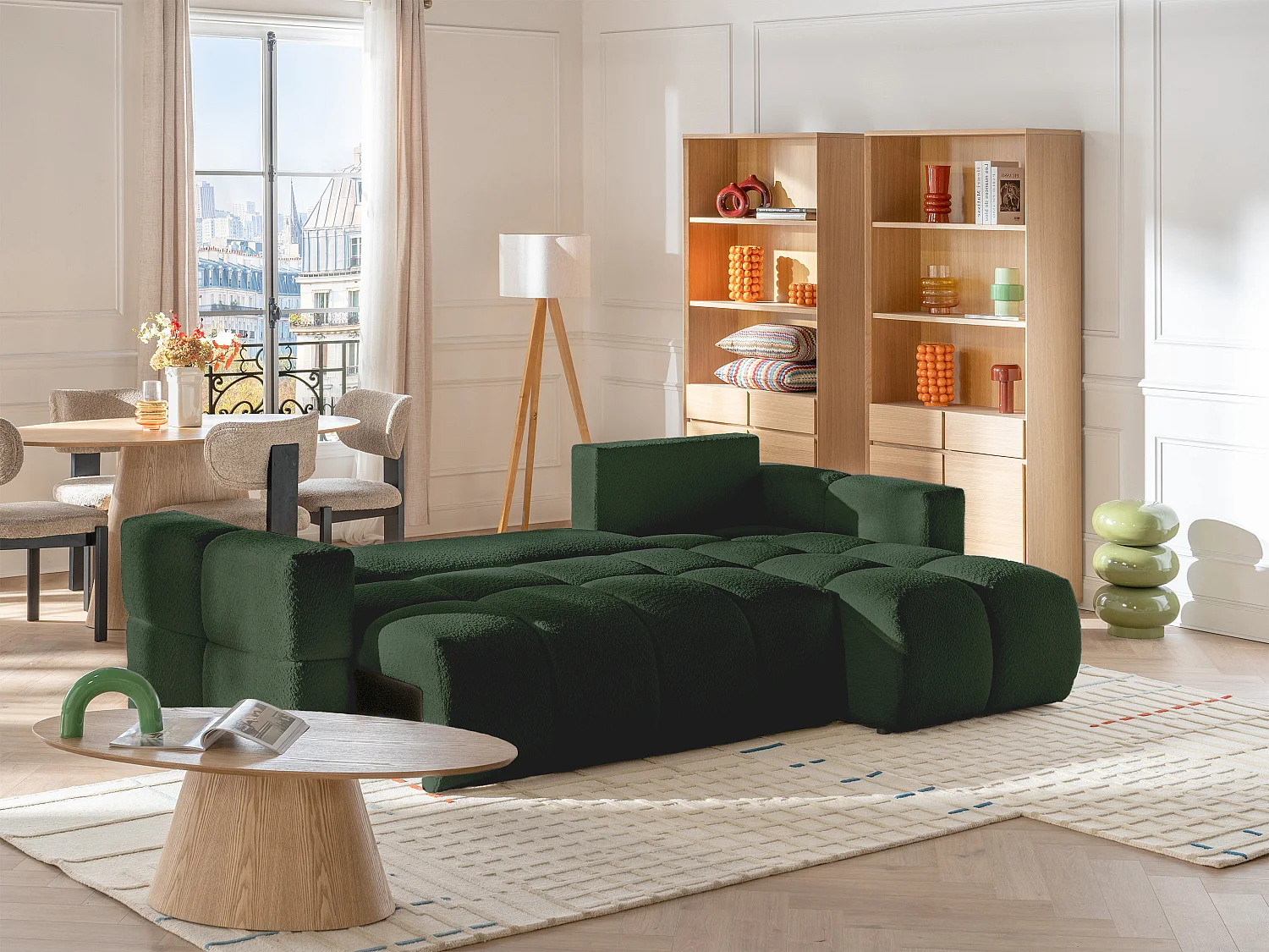 Canapé d'angle réversible convertible en tissu bouclette vert ISSORO